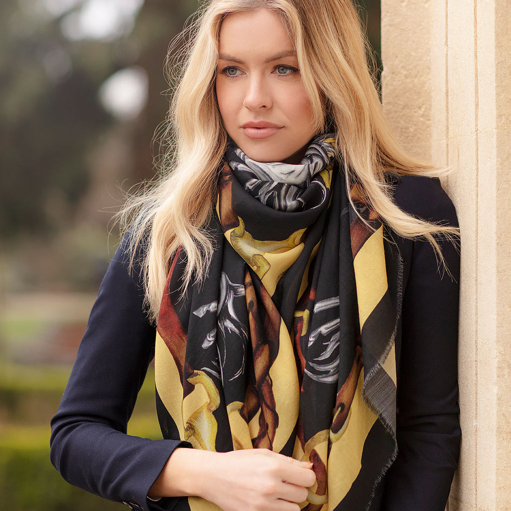 Clare Haggas Hold Your Horses Liquorish & Gold Wool Silk Shawl