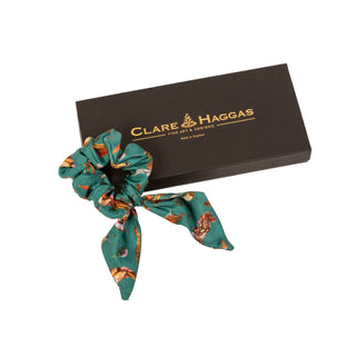 Clare Haggas Grouse Misconduct Teal Short Tail Silk Scrunchie