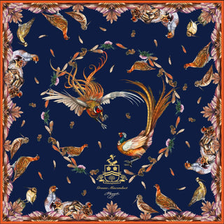 Grouse Misconduct Navy & Seville Orange Country Shooting Large Square Silk Scarf