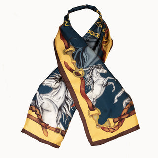 Hold Your Horses Navy & Gold Narrow Silk Scarf
