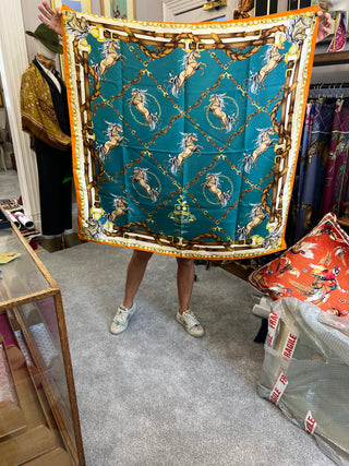 S2P16 Rearing to go Teal and rust Large Silk Square