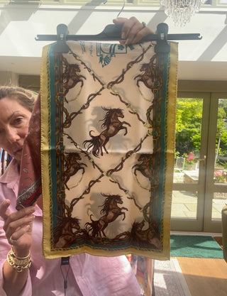 S2P53 Rearing to go Oyster and teal narrow silk scarf