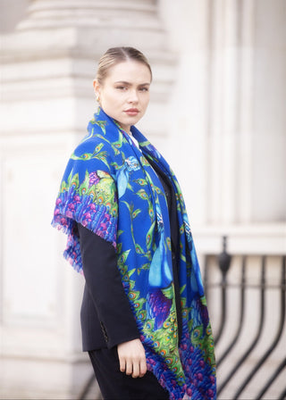 Pluming Marvellous Peacock Blue Wool Silk Shawl