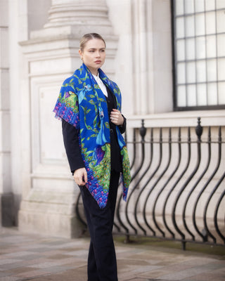 Pluming Marvellous Peacock Blue Wool Silk Shawl