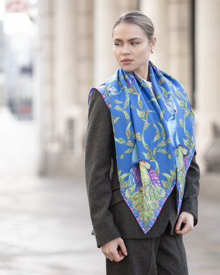 Pluming Marvellous Peacock Blue Large Square Silk Scarf