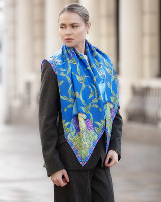 Pluming Marvellous Peacock Blue Large Square Silk Scarf