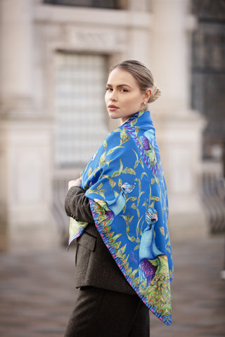 Pluming Marvellous Peacock Blue Large Square Silk Scarf