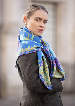 Pluming Marvellous Peacock Blue Large Square Silk Scarf