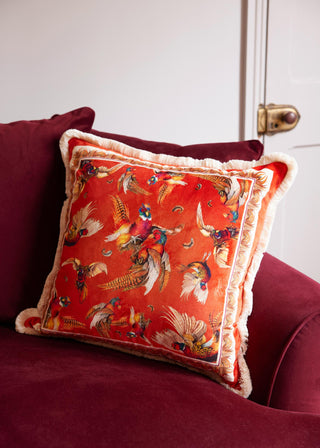 The Game Is Up Large Pheasant Fringed Plush Velvet Cushion in Russet Orange