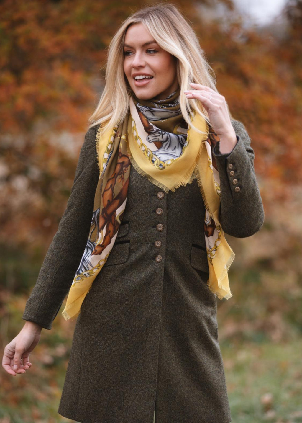 Clare Haggas Rearing To Go Olive and Cream Wool Silk Shawl