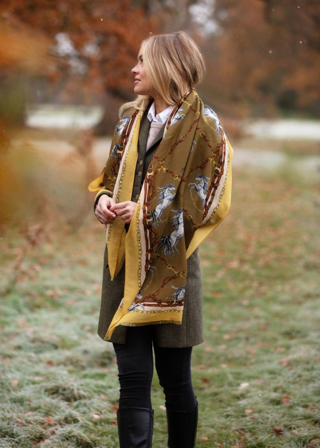 Clare Haggas Rearing To Go Olive and Cream Wool Silk Wrap