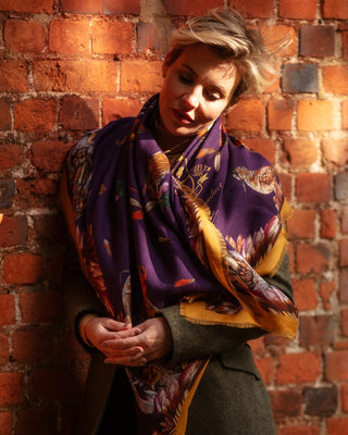 Grouse Misconduct Aubergine Purple and Gold Wool Silk Shawl
