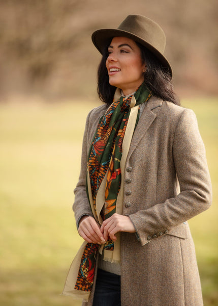 Heads or Tails Khaki Green Silk Wrap Pheasant Scarf – Clare Haggas