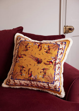 The Game Is Up Large Pheasant Fringed Plush Velvet Cushion in Gold
