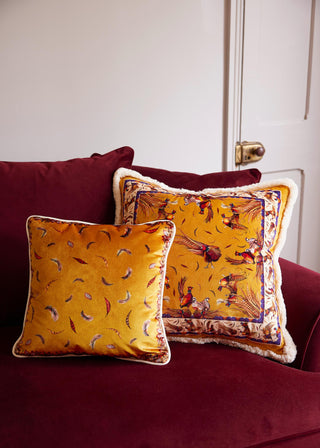The Game Is Up Large Pheasant Fringed Plush Velvet Cushion in Gold