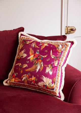 The Game Is Up Large Pheasant Fringed Plush Velvet Cushion in Mulberry