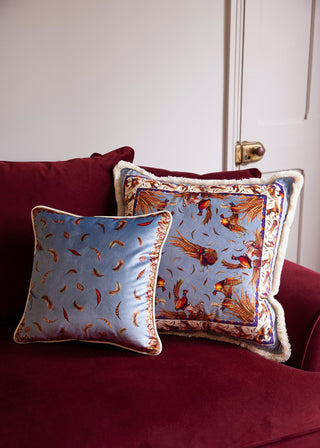 The Game Is Up Large Pheasant Fringed Plush Velvet Cushion in Pigeon Grey
