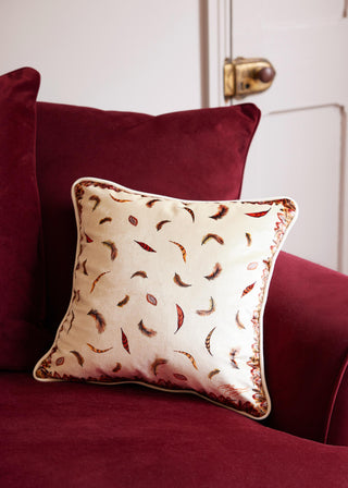 Floating Feather Small Piped Plush Velvet Cushion in Cream