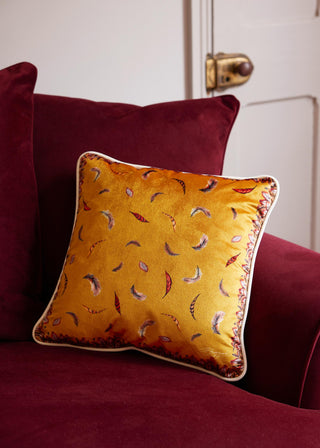 Floating Feather Small Piped Plush Velvet Cushion in Gold
