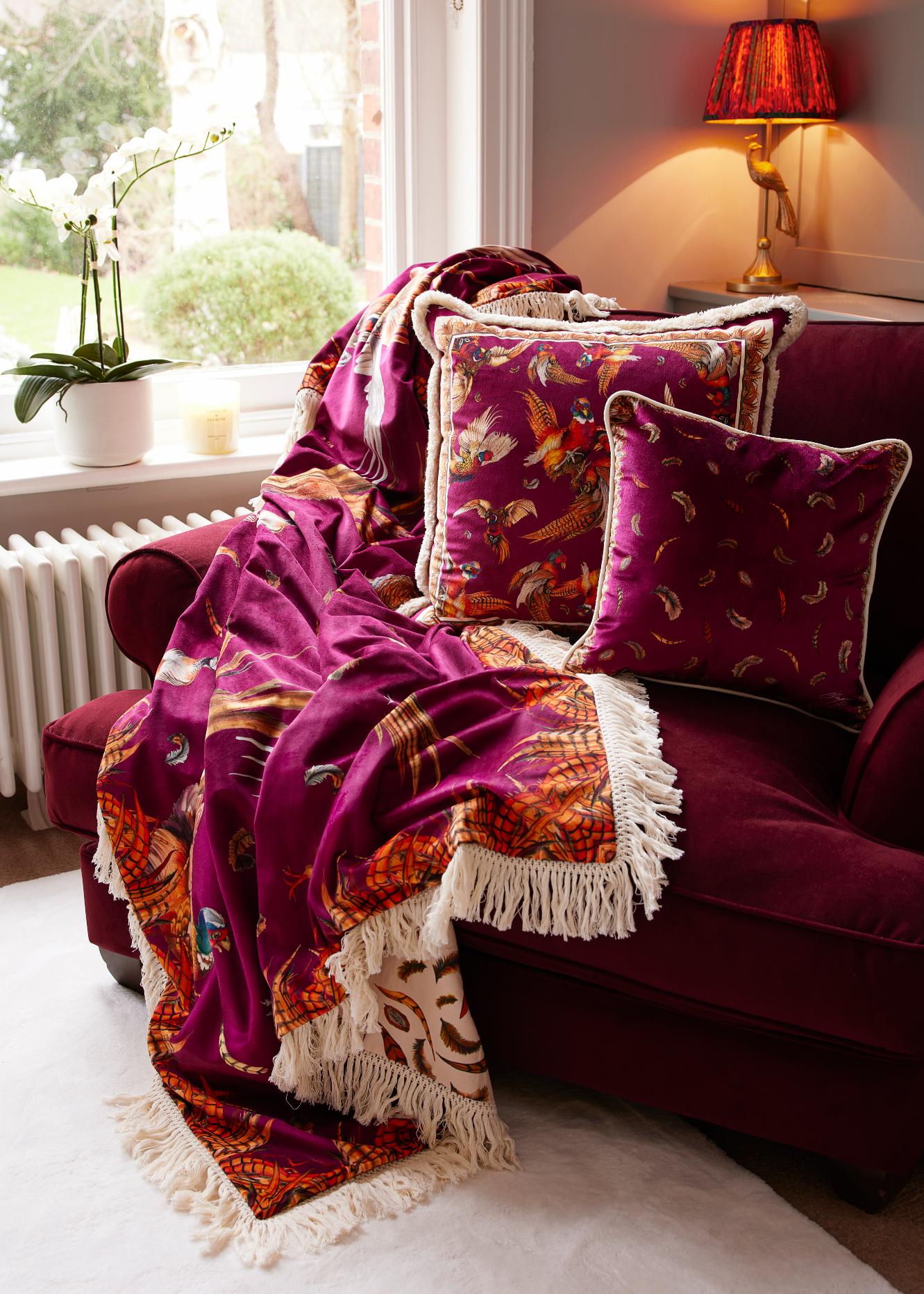 Floating Feather Small Piped Plush Velvet Cushion in Mulberry Red Clare Haggas