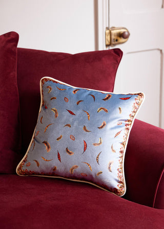 Floating Feather Small Piped Plush Velvet Cushion in Pigeon Grey