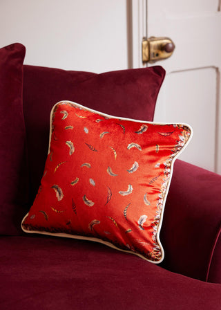 Floating Feather Small Piped Plush Velvet Cushion in Russet Orange