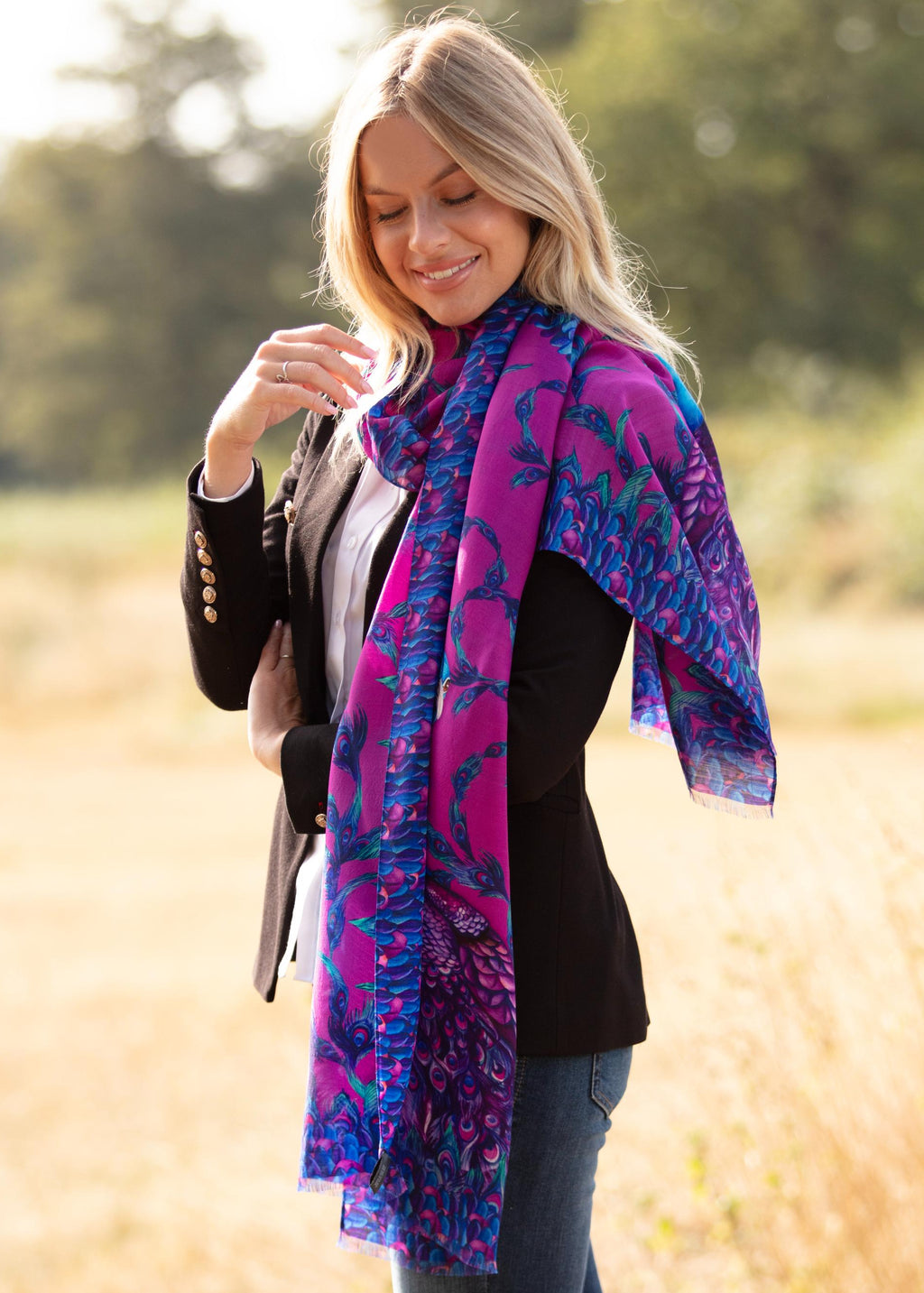 Clare Haggas Pluming Marvellous Peacock Fandango Pink Wool Silk Wrap