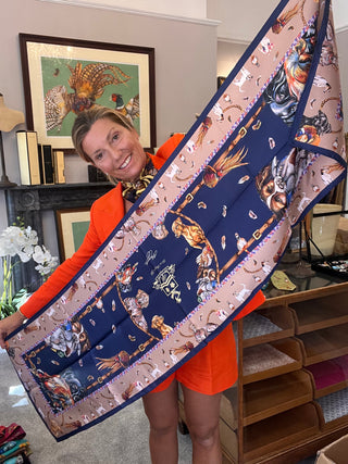 S1P28 It’s a dogs life Navy and Fawn Classic Silk Scarf