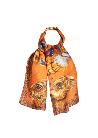 Orange scarf with bird print on a white background