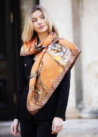 A Head of the Game Burnt Orange Large Square Pure Silk Scarf