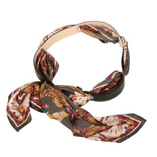 Black leather scarf belt, with Clare Haggas George & Friends silk scarf on a white background.