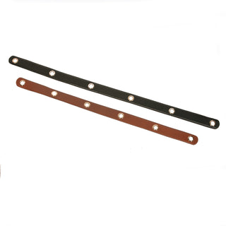Two leather scarf belts, one ebony black and one oak brown, on a white background.