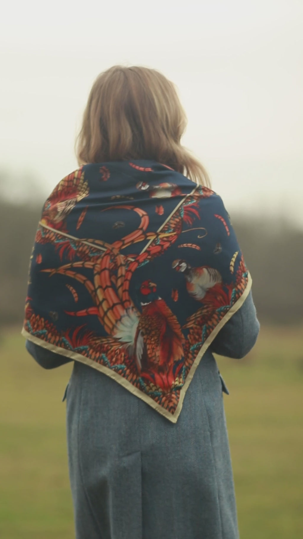 Clare Haggas Heads or Tails Navy Blue Large Square Silk Pheasant Country Scarf