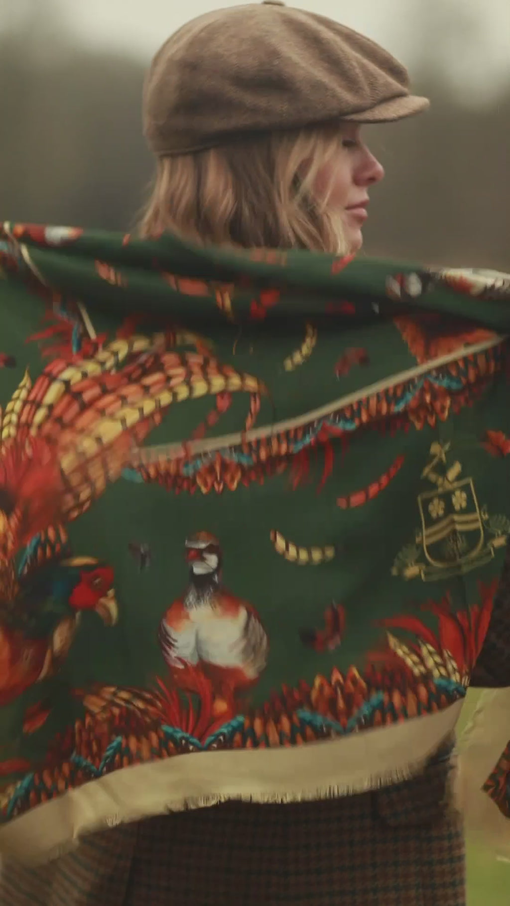 Clare Haggas Heads or Tails Khaki Green Wool Silk Shawl Pheasant Country Scarf