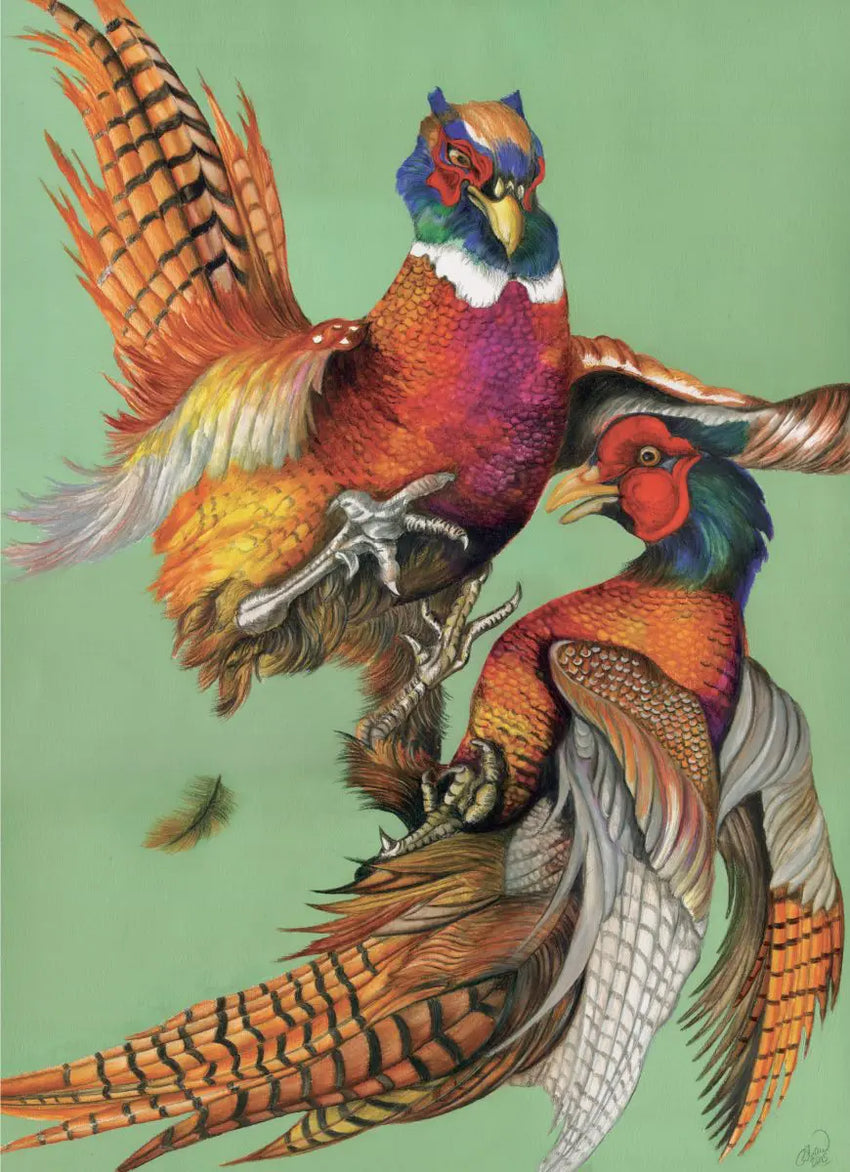 Painting of two birds fighting. 