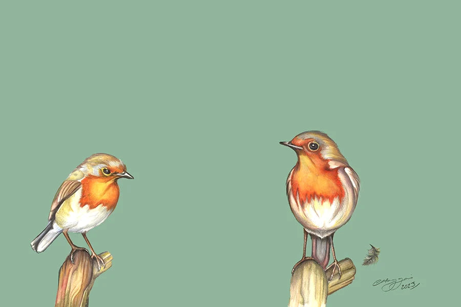 Painting of two robins on branches.