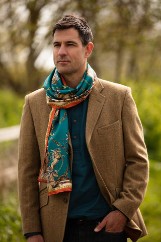 Here Come The Boys Silk Equestrian Scarf in Teal & Rust