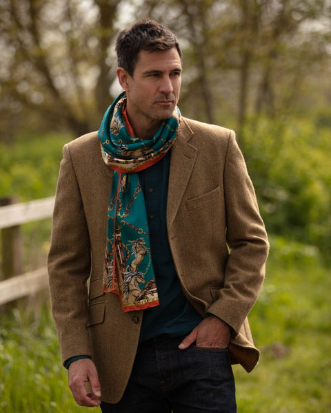 Here Come The Boys Silk Equestrian Scarf in Teal Rust – Clare Haggas