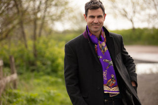 Clare Haggas Here Come The Boys Silk Game Scarf in Violet