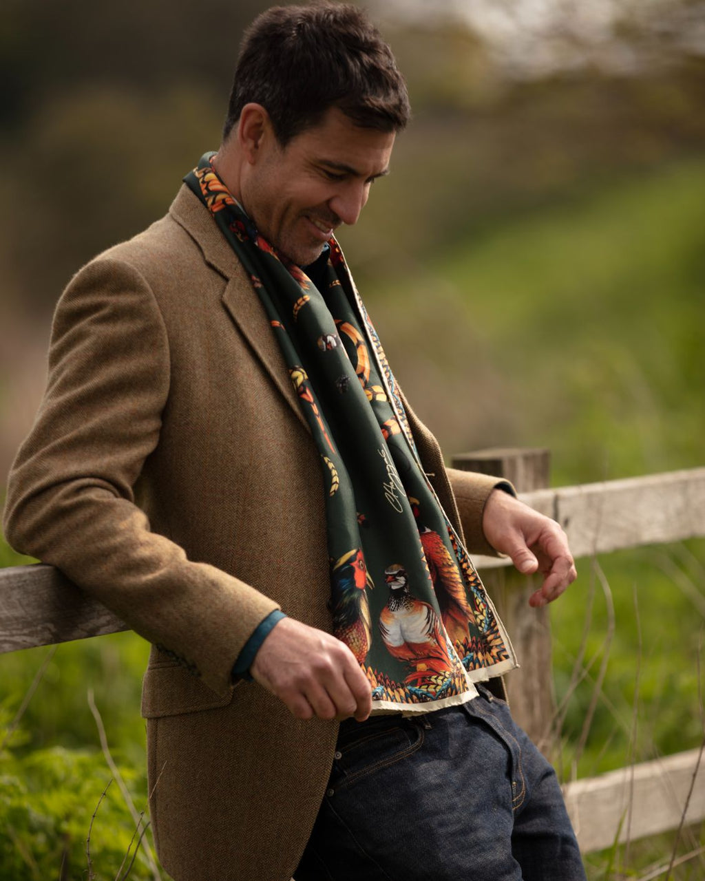 Here Come The Boys Silk Pheasant Scarf in Khaki Clare Haggas