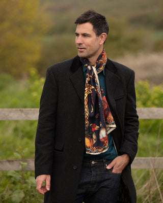 Here Come The Boys Silk Pheasant Scarf in Navy