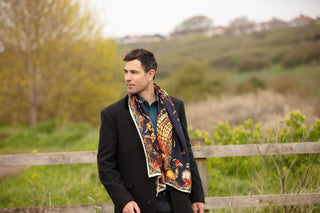 Here Come The Boys Silk Pheasant Scarf in Navy