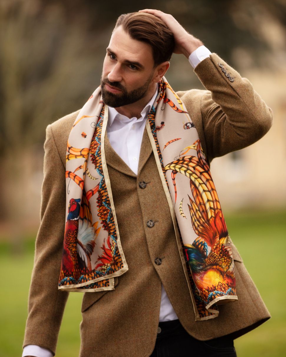 Here Come The Boys Silk Pheasant Scarf in Toffee