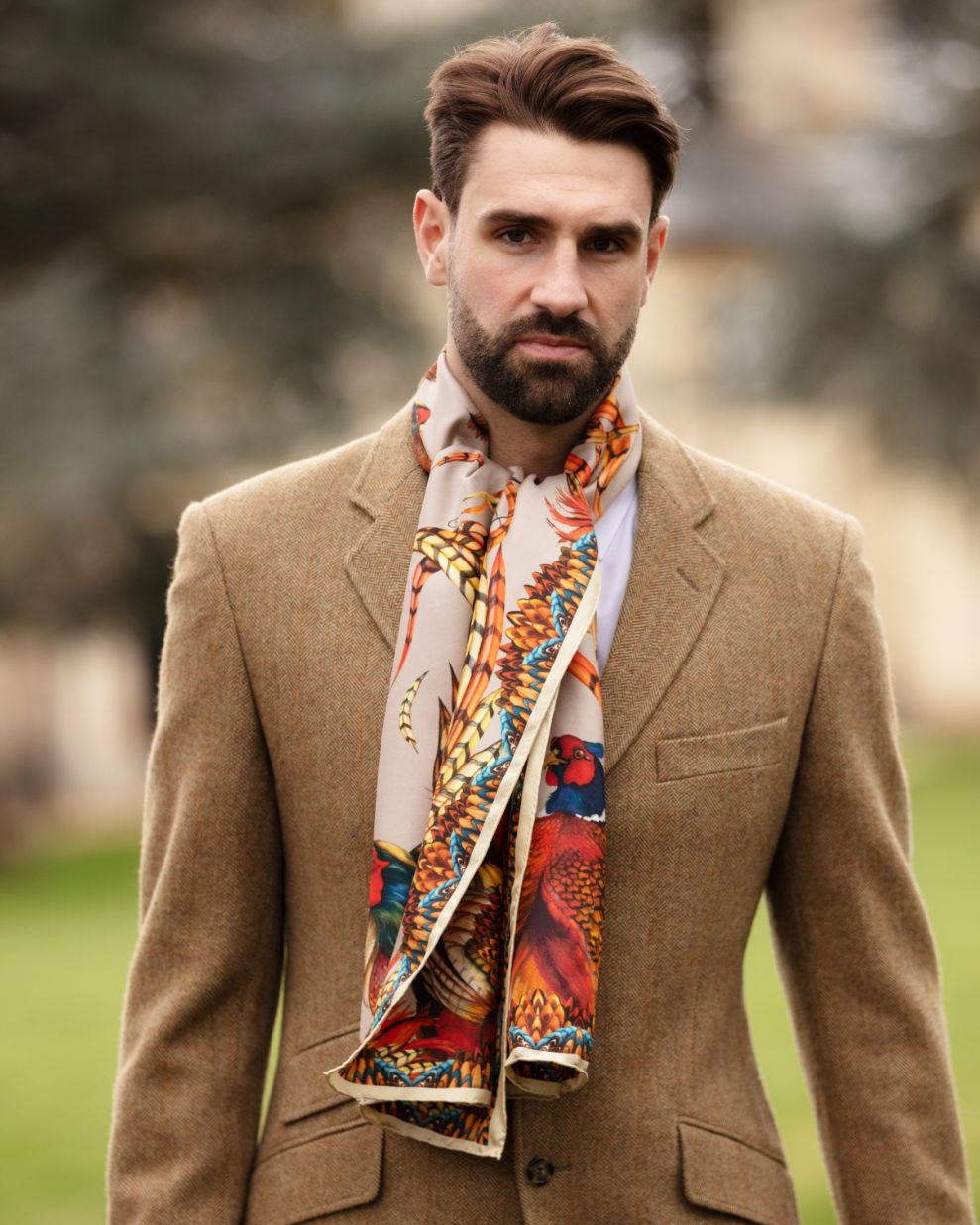 Men's scarf with tassels in patterns (13880 / MED-JED-204) - Agrafka
