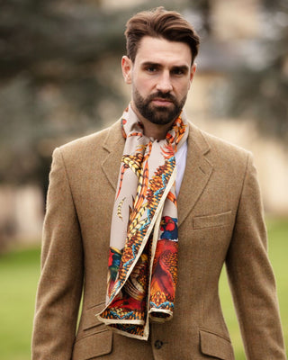 Here Come The Boys Silk Pheasant Scarf in Toffee