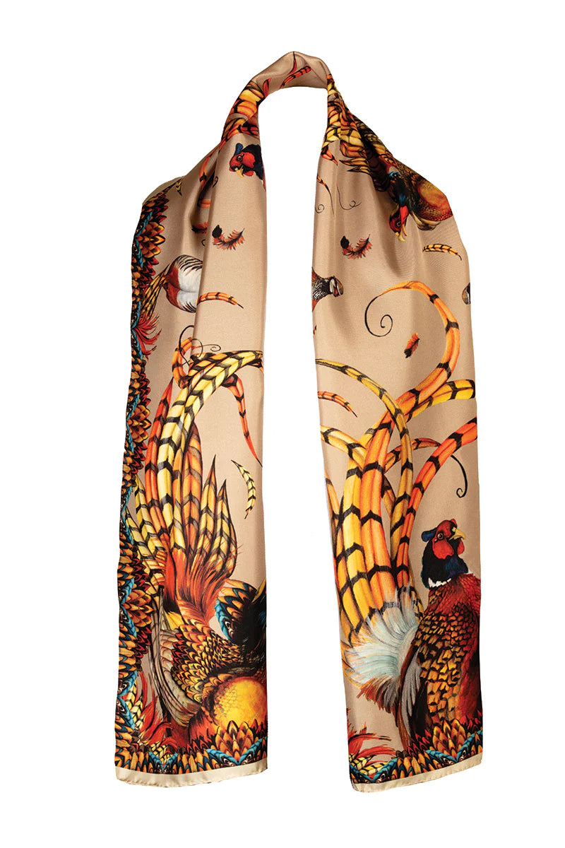 Here Come The Boys Silk Pheasant Scarf in Toffee