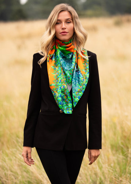 Clare Haggas Pluming Marvellous Macarena Orange Large Square Silk