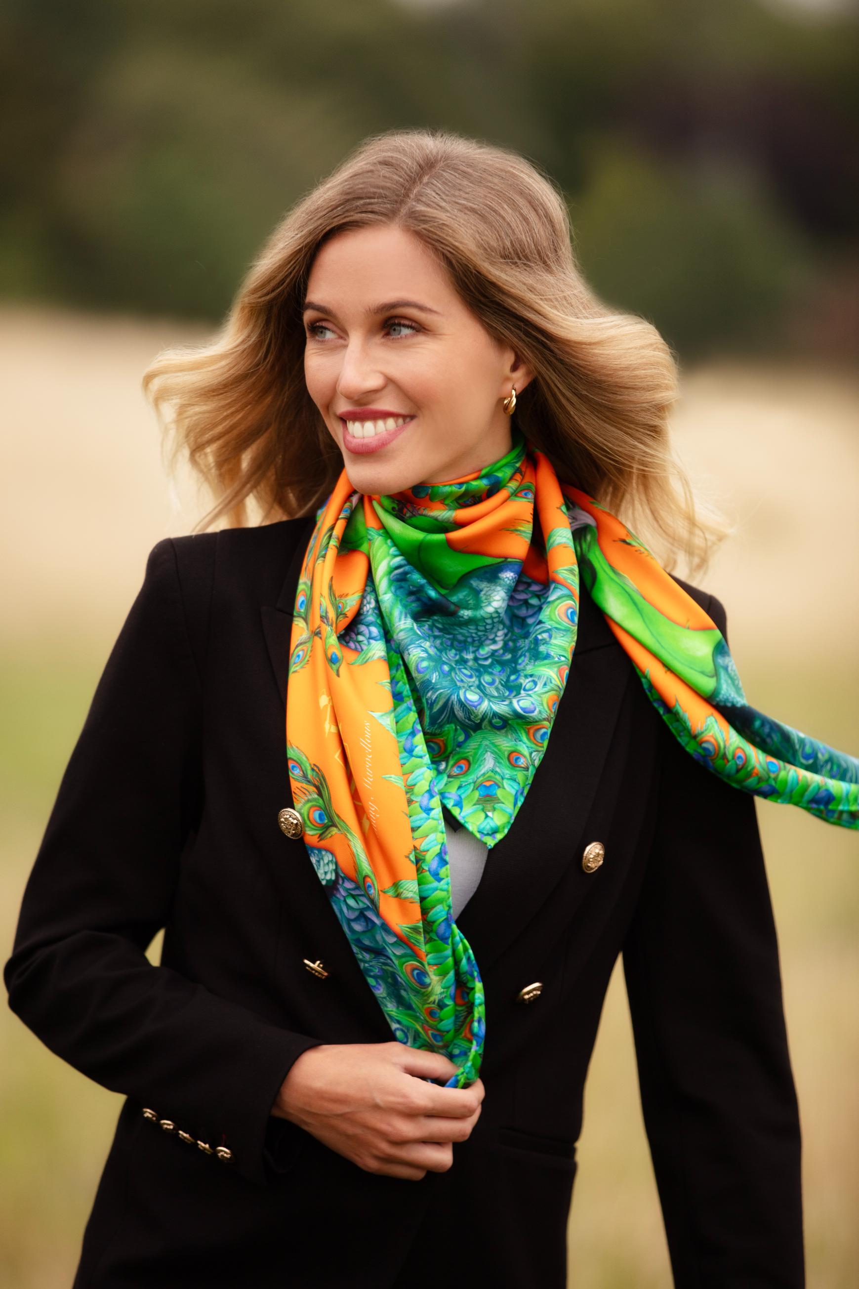 Clare Haggas Pluming Marvellous Macarena Orange Large Square Silk Scarf