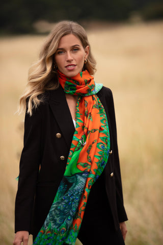 Clare Haggas Pluming Marvellous Macarena Orange Wool Silk Wrap