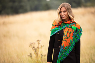 Clare Haggas Pluming Marvellous Macarena Orange Wool Silk Shawl